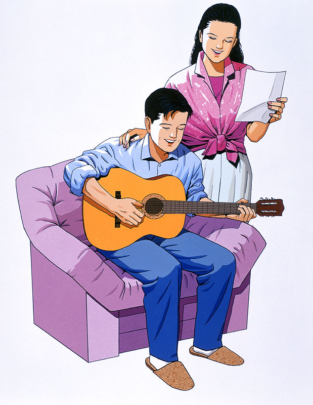カップルイラスト 歌う女性とギターを弾く男性