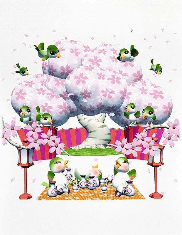 可愛いお花見イラスト素材 満開の桜の下で楽しい宴会イラスト