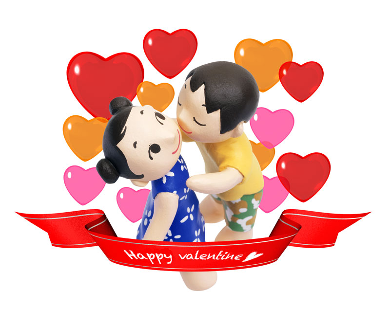 バレンタインイラスト Happy Valentine文字とハートの中でキスする男女カップル