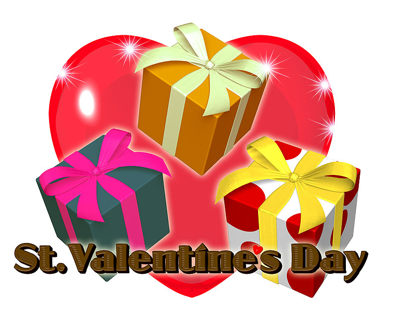 バレンタインイラスト：St. Valentine's Day(バレンタインデー)文字とハートとプレゼント