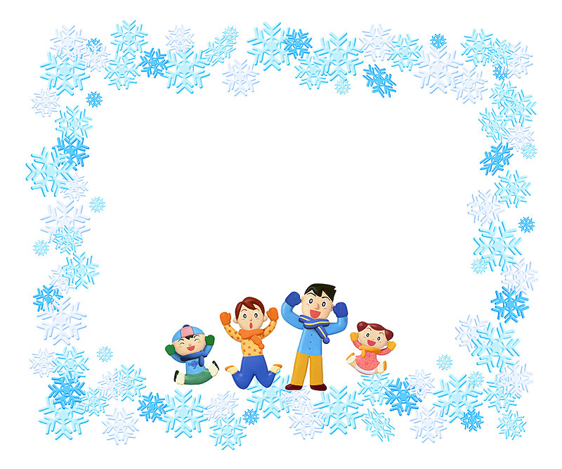 冬の雪と家族フレームイラスト素材