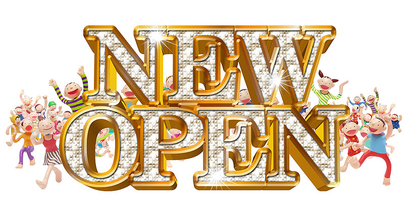 New Open ニューオープン お店の開店に喜ぶ群衆とnew Open文字イラスト