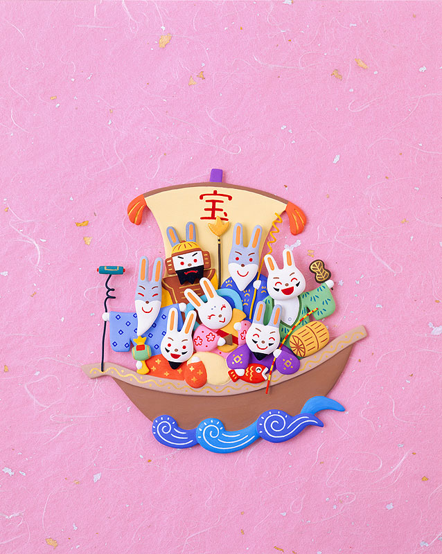  干支・卯(ウサギ)イラスト　宝船に乗るウサギの七福神