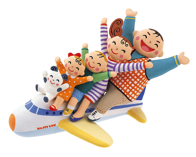  家族旅行イラスト・飛行機に座るかわいい家族イラスト