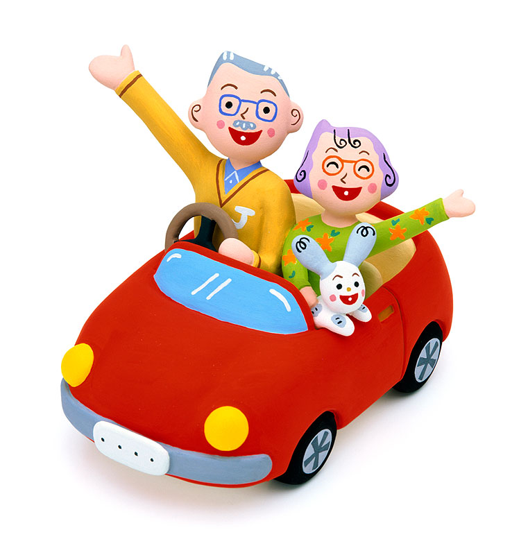高齢者運転免許証イラスト・赤い車とシニア夫婦