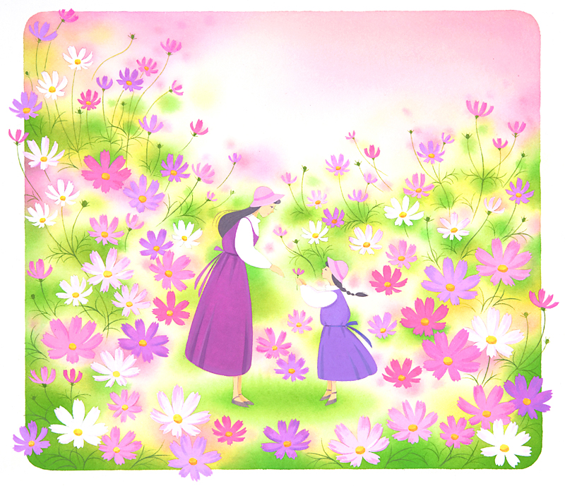 コスモスイラスト 秋の花コスモスの花畑の母と娘の秋のコスモス