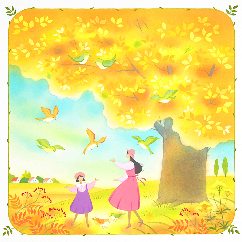 ファミリーイラスト 小鳥の樹 黄葉と母と子 秋 初冬