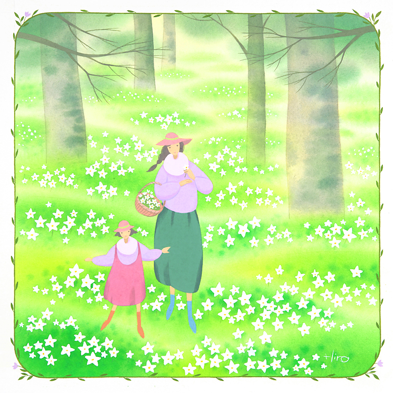 家族・ファミリーイラスト　白い花の森　花を摘む母と子（早春〜春）