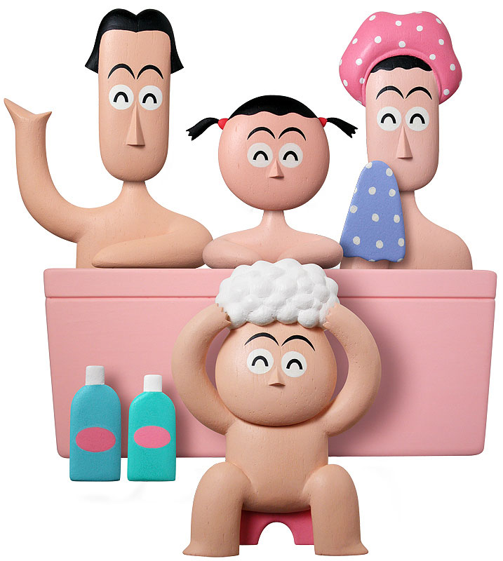 家族でバスタイムイラスト 頭を洗う少年と風呂に入った家族の
