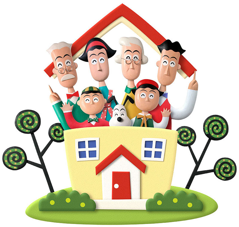うきうき我が家イラスト 赤い屋根の家と家族のうきうき我が家イラスト
