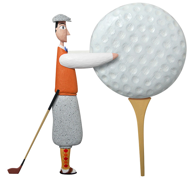 巨大なゴルフボールイラスト ゴルフボールをピンに乗せた男性と巨大な