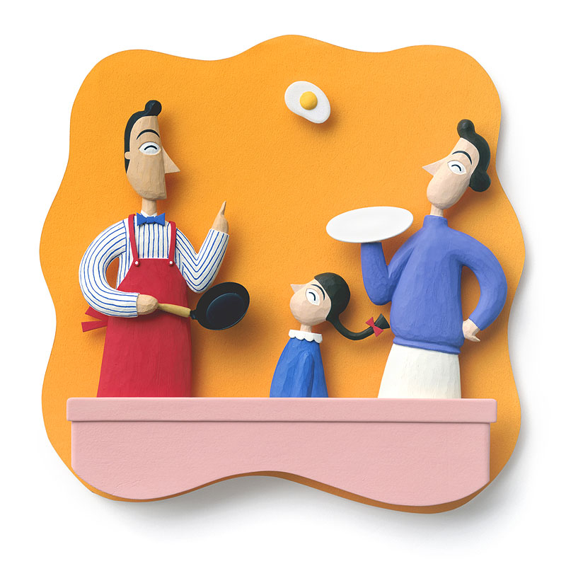 家事メンイラスト　目玉焼きをつくるパパの料理が出来る家事メンイラスト