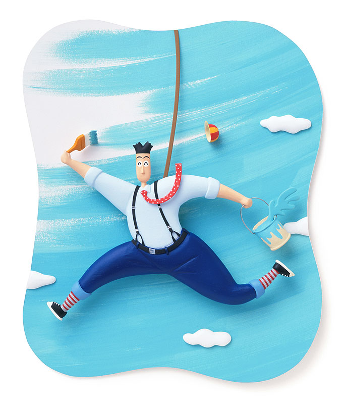 青空に塗り替えるポジティブイラスト　空をペンキで塗る男性の青空に塗り替えるポジティブイラスト