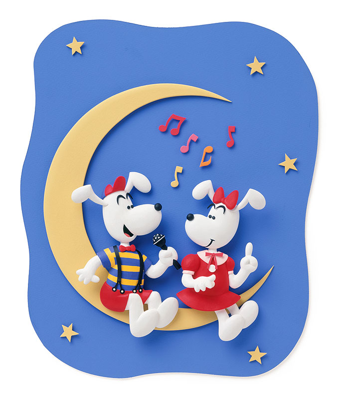 夜のカラオケキャラクターイラスト 三日月の上で歌う2匹の白い犬の