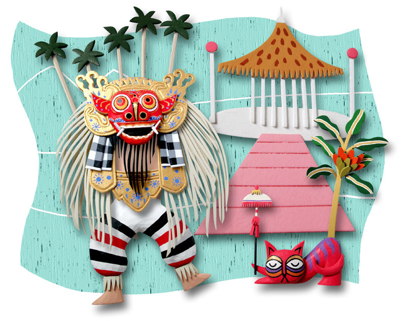 インドネシアのバリの聖獣 バロン お祭りの文化イラスト 海辺風景と舞台衣装
