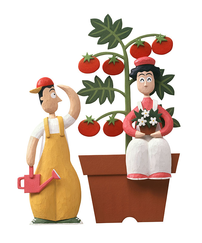 	
トマトを育てるオシャレな若夫婦のイラスト（紙粘土立体手彩色）