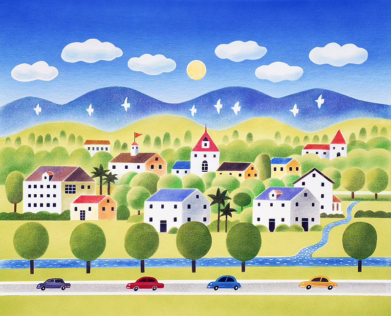 風景イラスト 木と車と川と街がある山の見える風景