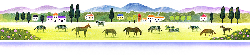 牛 馬の牧場パノラマ風景イラスト
