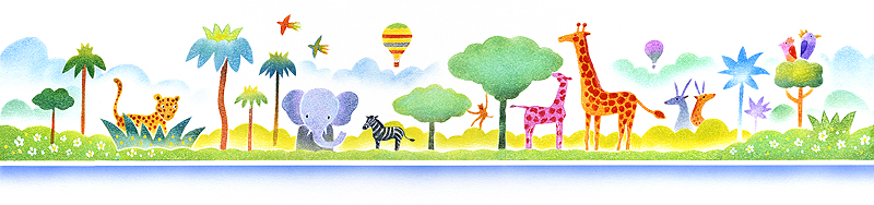 風景イラスト アフリカの動物達と気球があるパノラマ