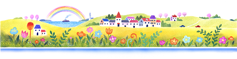 春の風景イラスト　虹のかかった海と花がある家のパノラマ