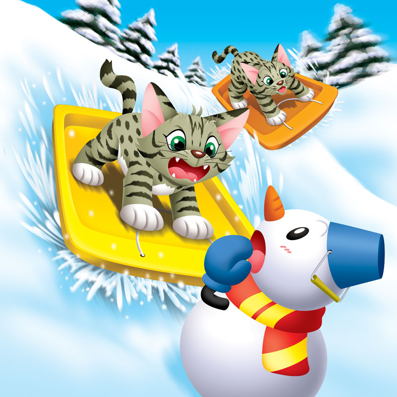 動物イラスト ソリに乗ってすぺる猫と驚く雪だるま