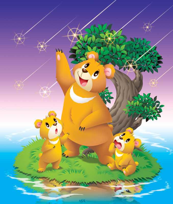 動物の家族イラスト　流星に手をかざす母熊と見ている小熊ファミリー