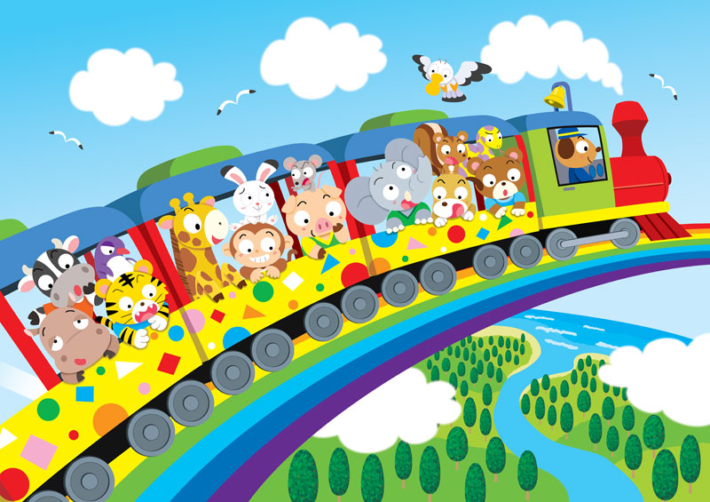 動物イラスト 虹を渡る動物達を乗せた機関車