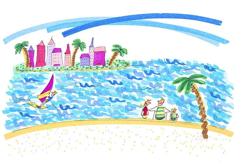 休日の家族イラスト　夏の海辺（海岸線）でウィンドサーフィンを眺める親子連れ