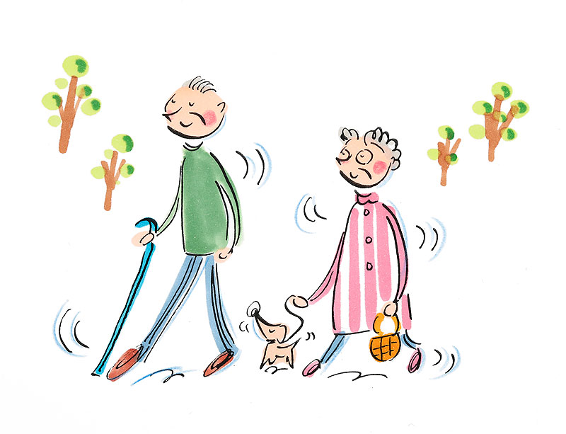 高齢者夫婦　健康朝の散歩イラスト