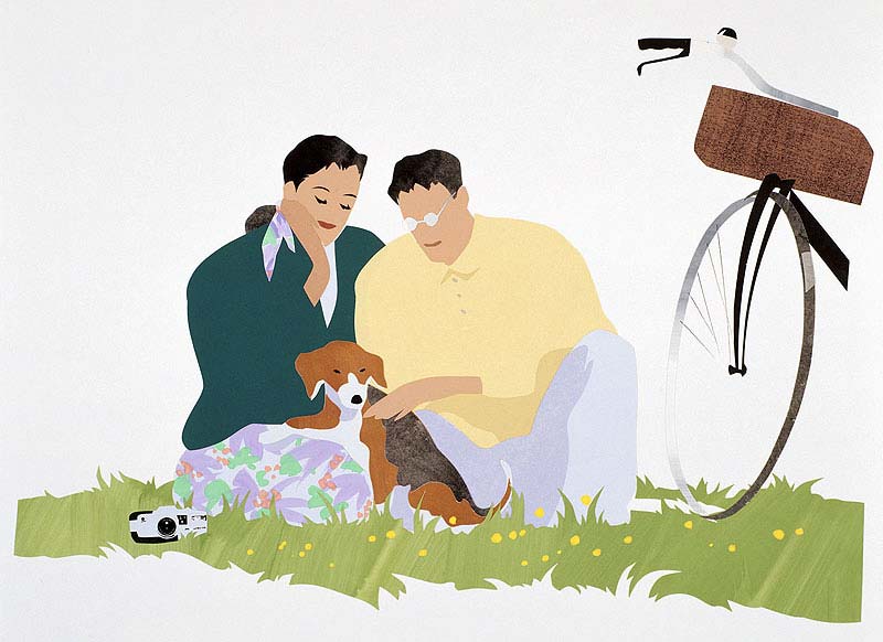 春のカップルイラスト　草むらで自転車で犬と散歩の若夫婦