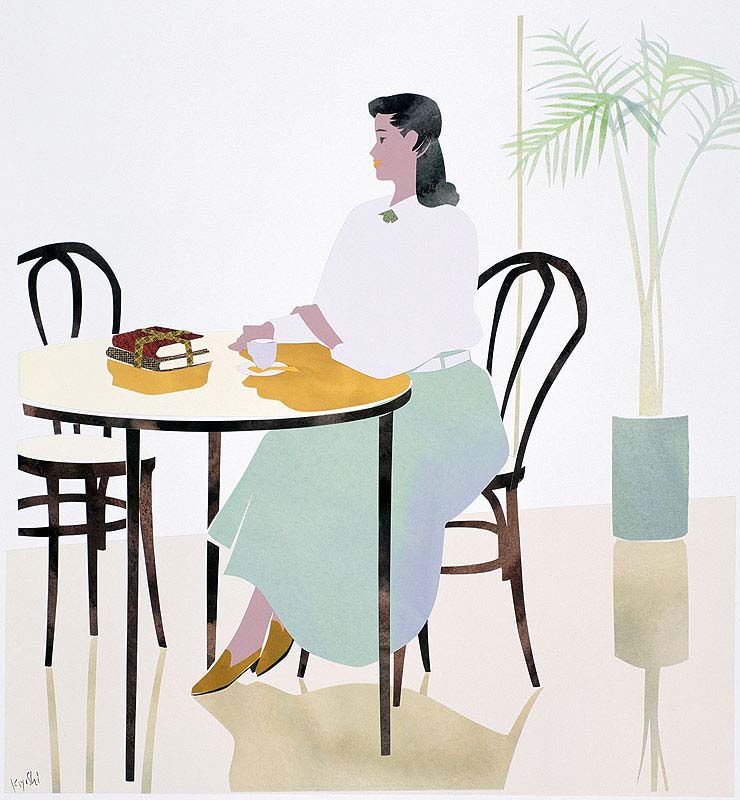 人物イラスト　大きいガラスのカフェでお茶する女性