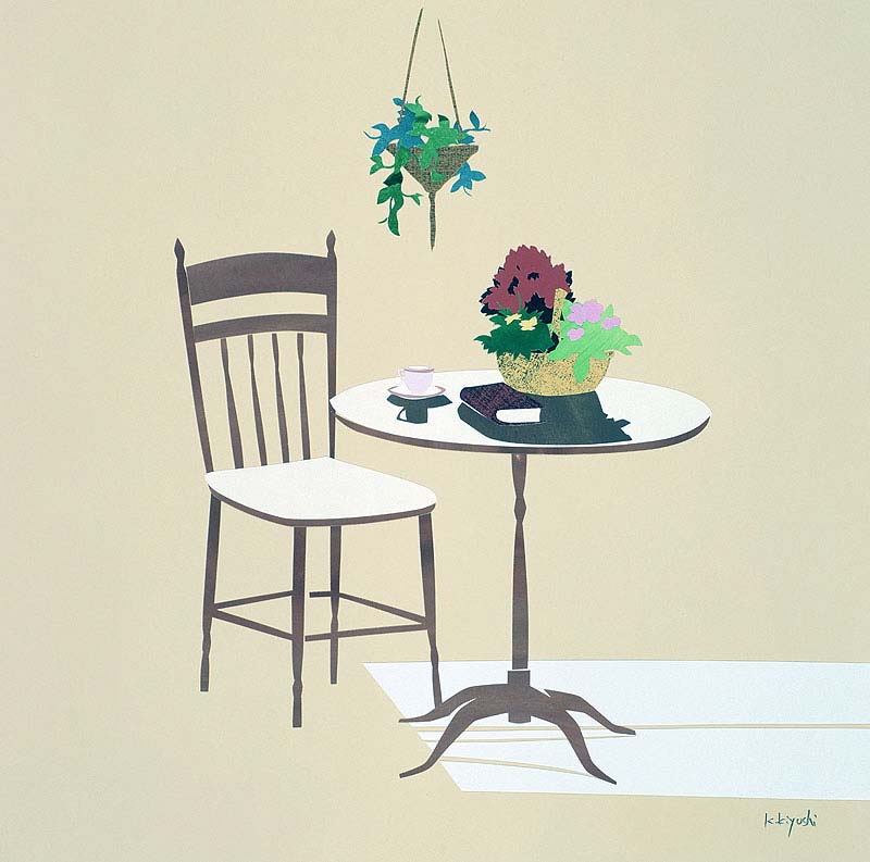 花と丸テーブルと椅子イラスト