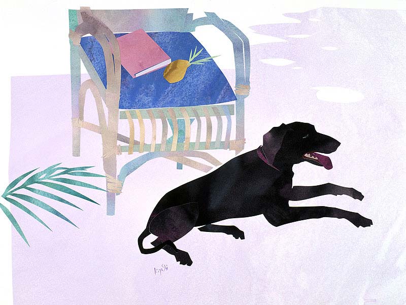 犬イラスト　木陰で休む黒い犬と籐椅子