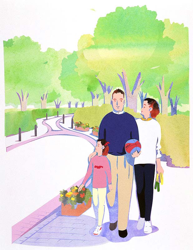 家族イラスト ニュータウンの遊歩道を散策するファミリー