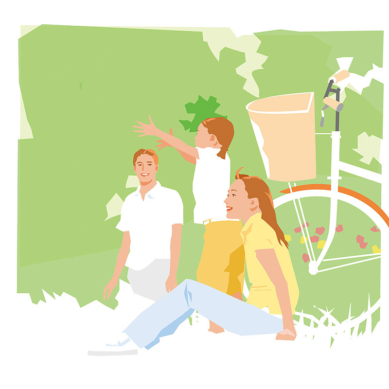 自転車と公園の親子イラスト