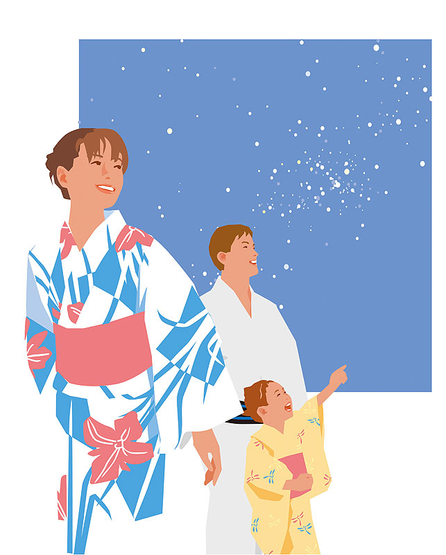 夏祭り 夏の夜の天の川を眺める親子のイラスト