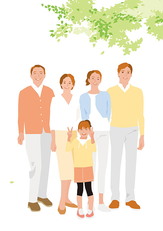 新緑の下で記念写真撮影する若くて健康な笑顔の家族のイラストborder=