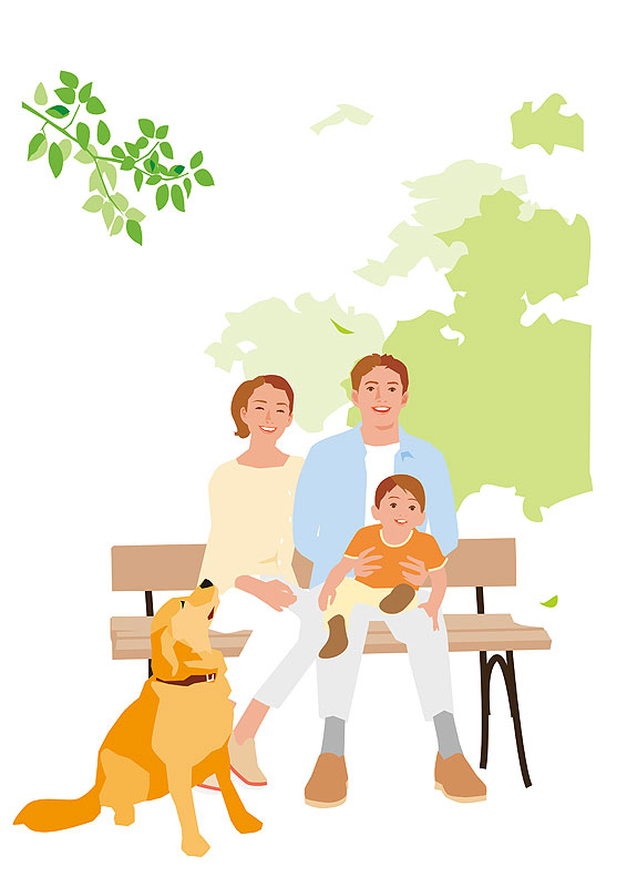 子ども ファミリーイラスト 春の公園のベンチに座る家族と犬