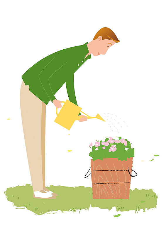 独身男性イラスト 花に水をやる男性