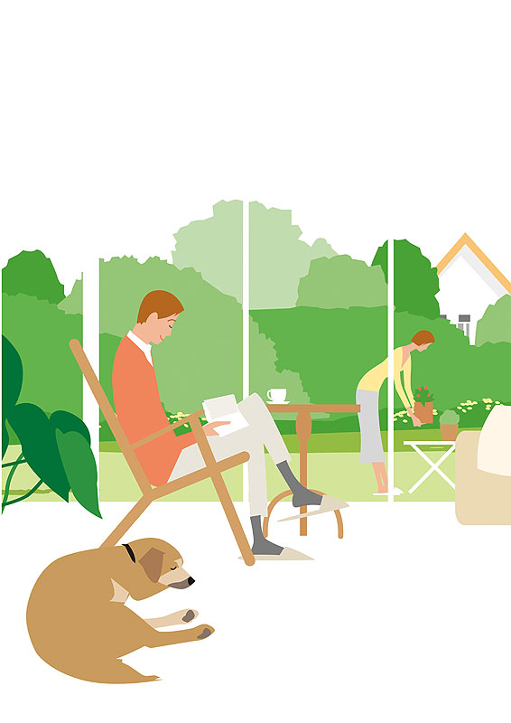 ティータイムイラスト　休日の室内風景・犬と夫婦