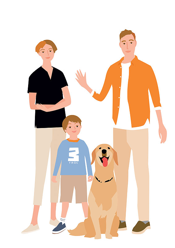 家族 ファミリーイラスト 立ちポーズの３人家族と犬