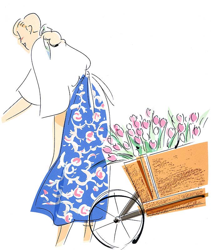 風景・人物イラスト　花柄スカートの女性とチューリップの花車