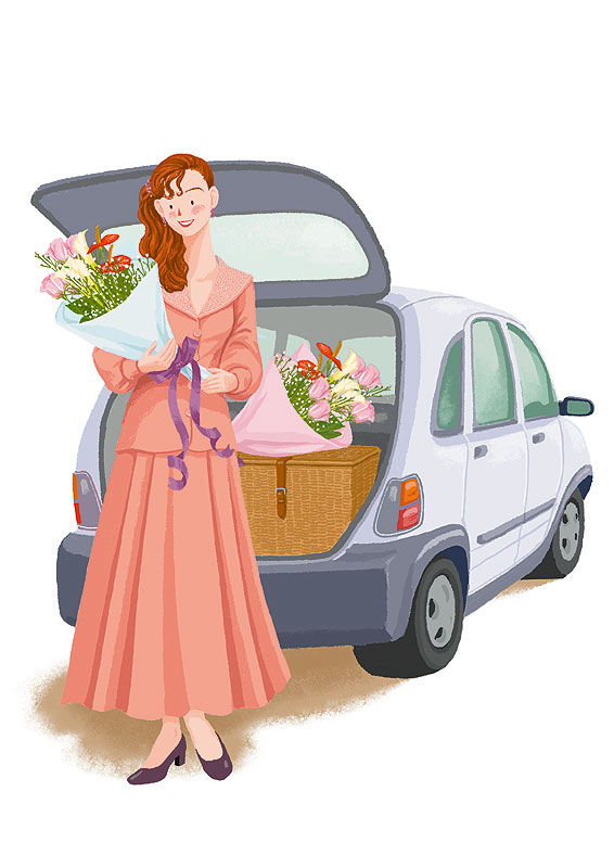 花束と女性イラスト 車のトランクを開けて花束を抱える女性