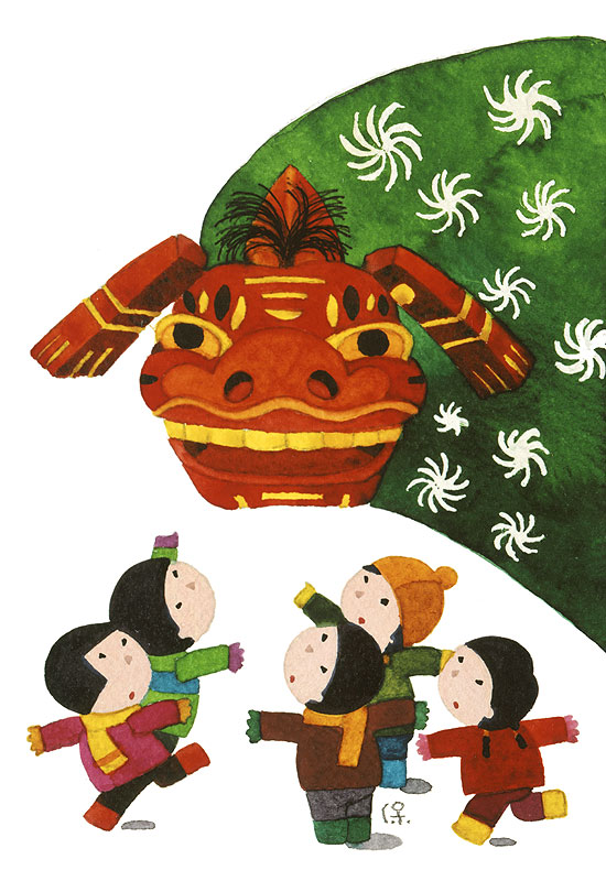 日本の伝統芸能イラスト素材 獅子舞と子どもたち