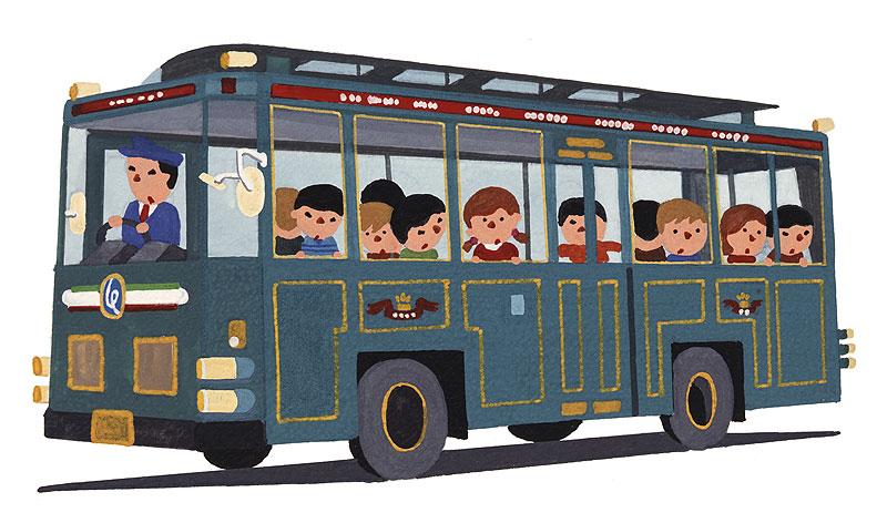 日本の懐かしい風景イラスト レトロバスに乗る子どもたち