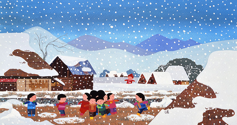 日本の四季 風景カレンダーイラスト 子供イラスト 雪降る村でおしくらまんじゅう
