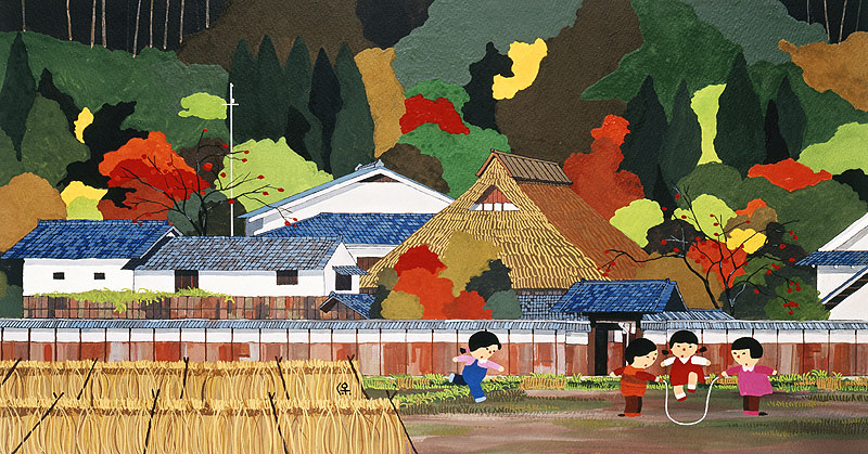 日本の四季 風景カレンダーイラスト 紅葉の山と家 縄跳びする子供