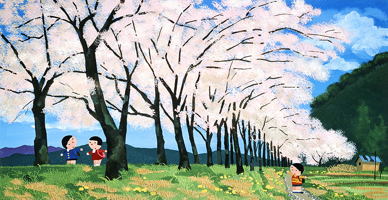 日本の四季 風景カレンダーイラスト 桜並木を行く子供