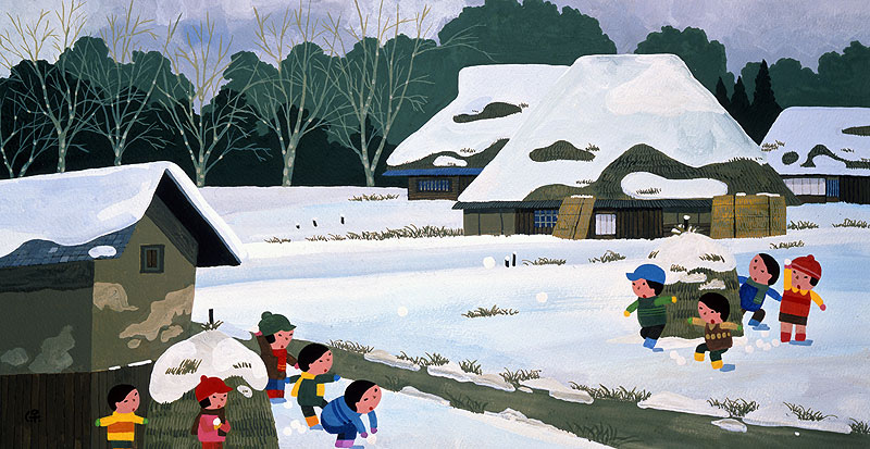 日本の四季 風景カレンダーイラスト 子供イラスト 雪合戦