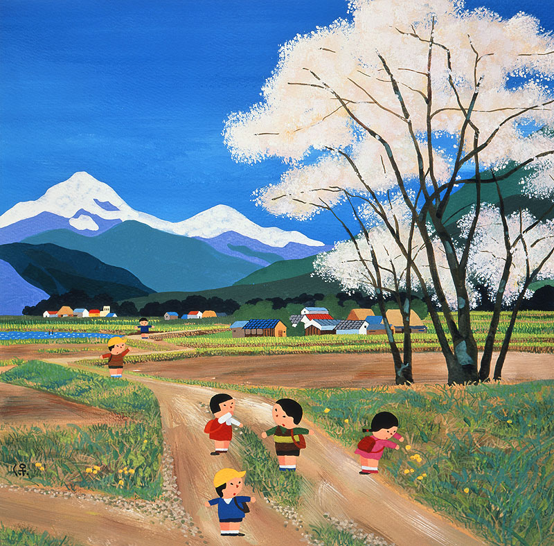日本の四季 風景カレンダーイラスト 子供イラスト 桜の咲く田舎道を通う子供